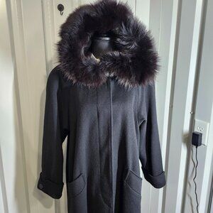 Steve by Searle Womens Long Black Wool Pea Coat Fur Trim Hood Size 8P Lined